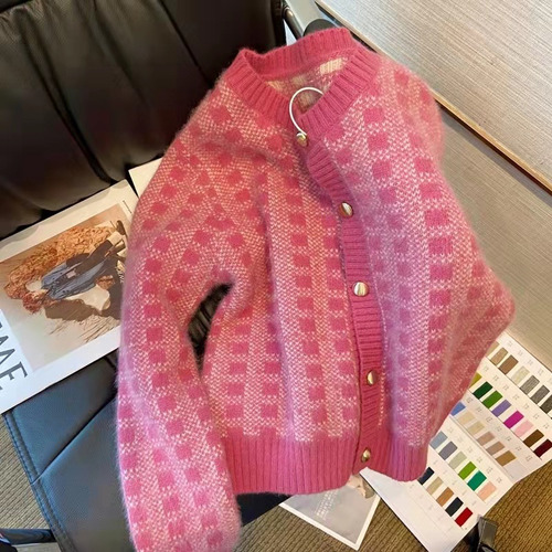 Suéter De Punto Corto A Cuadros Rosa Suave Para Mujer Otoño-