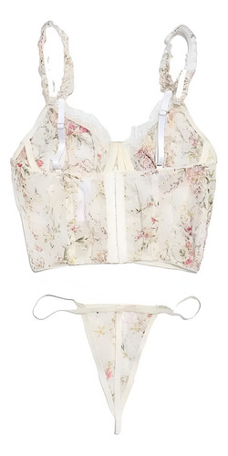 Conjunto Set Lenceria Con Bordado Floral Romántico Top Panty