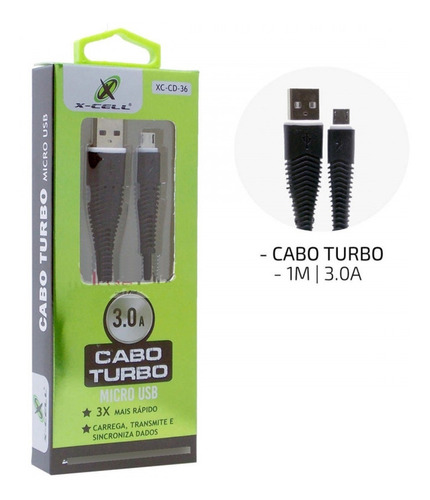Cabo Micro Usb X-cell Xc-cd-36 1m Turbo Emborrachado Preto