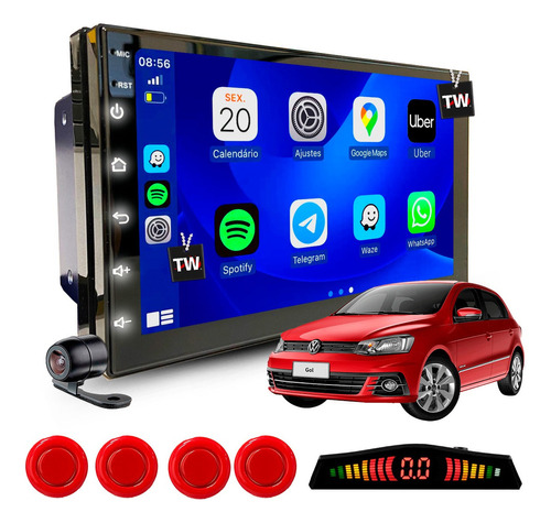 Kit Multimidia Android 2+32gb Gps Carplay + Sensor Vermelho Cor Volkswagen Gol 1995 À 2012