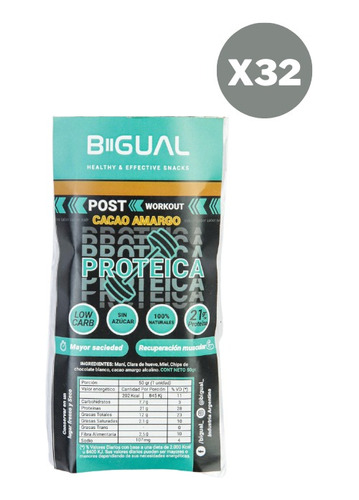 Pack X 32 Barras Proteicas Post Workout Bigual Cacao 50g