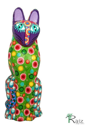 Escultura Gato Madeira Entalhado E Pintado À Mão (s)