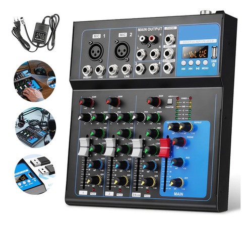 Mixer F4 Mezclador Dj De Audio 4 Canales Bluetooth Usb