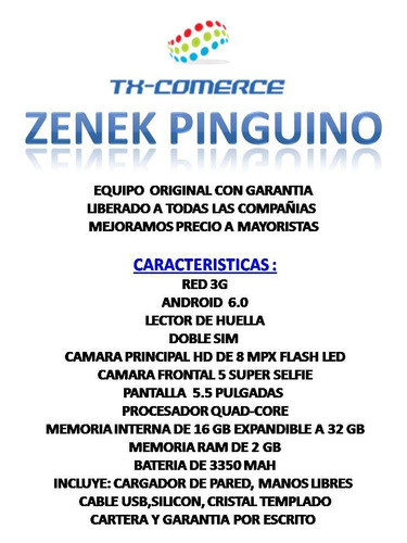 Zenek Pinguino Z5519 Detector Huella Android 6 Mem 16g Cam 8