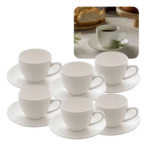 Conjunto 06 Xicaras Com Pires De Porcelana Branca 100ml Lyor Cor Branco