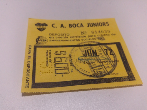 Retro Recibo C A Boca Juniors Ciudad Deportiva Junio 1972 