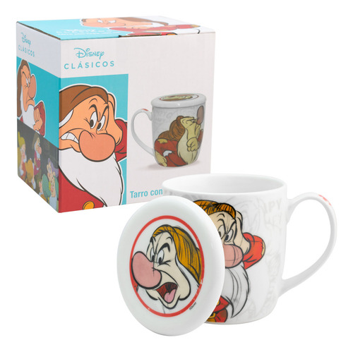 Taza De Porcelana Con Tapa Diseño Personajes Animados 385ml Color Blanco Gruñón