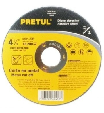 Disco De Corte Para Metal 4.1/2x3/64x7/8 Marca Pretul, 5 Und