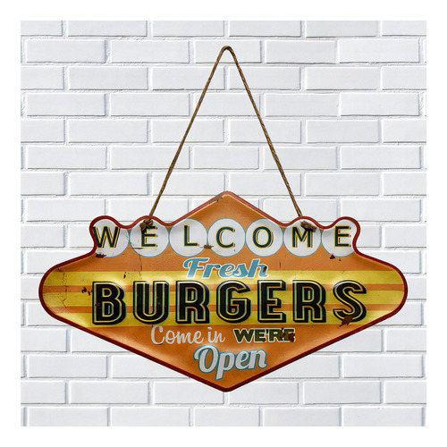 Placa Metal Decorativa Welcome Burgers Alto Relevo 40x22cm