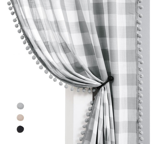 Treatmentex Cortinas Con Pompones A Cuadros Grises Y Blancos