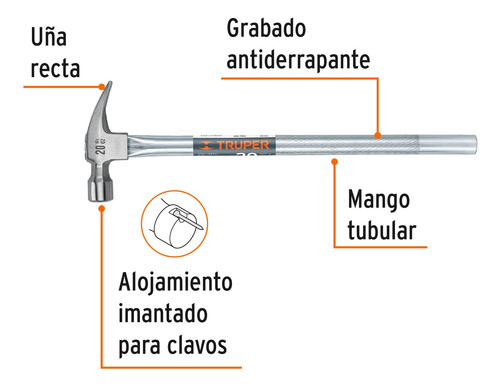 Martillo Tubular Pulido 20 Oz Alojamiento Imantado Uña Recta
