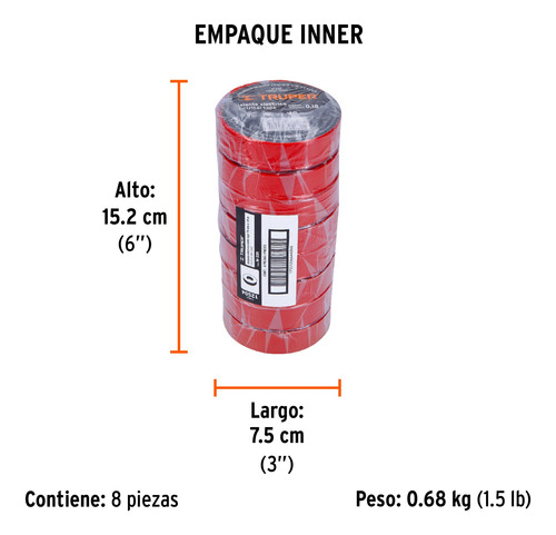 Pack : 8 Cinta Aislante Rojo 1.9cm X 18m Truper 12504