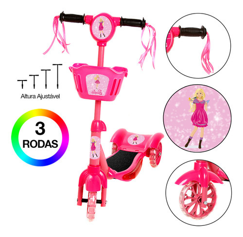 Patinete Infantil Menina Barbie 3 Rodas Cestinha Luzes Led