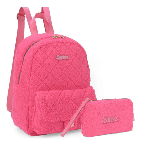 Mochila De Costas E Estojo Barbie Rosa Pink Pelúcia Luxcel