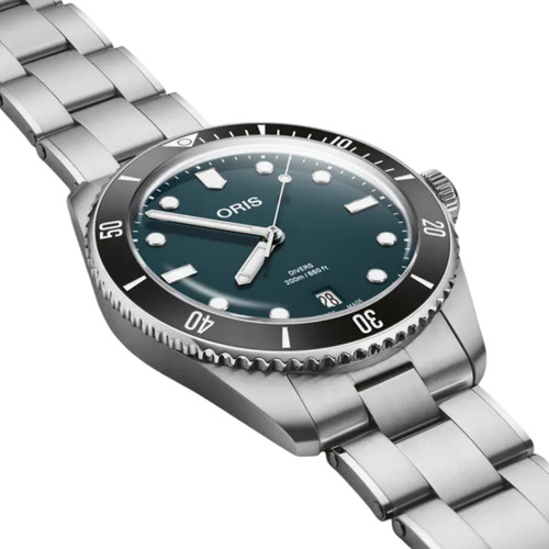 Reloj Oris Divers Date 01 733 7795 4055-set Correa Plateado Bisel Negro Fondo Azul petróleo
