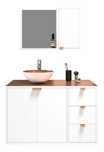 Kit Gabinete Banheiro Armário+cuba+espelheira C/ Tampo Metal Cor do móvel Branco com cobre