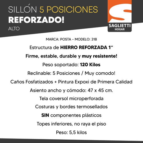 Imagen 3 de 9 de Sillon Reposera 5 Posiciones Reforzada Alta 120 Kg Calidad
