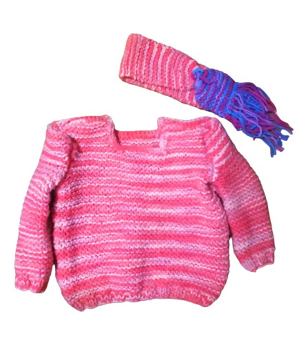 Sweter De Nena Rosa De Lana Tejido  Pullover Abrigo+ Bufanda