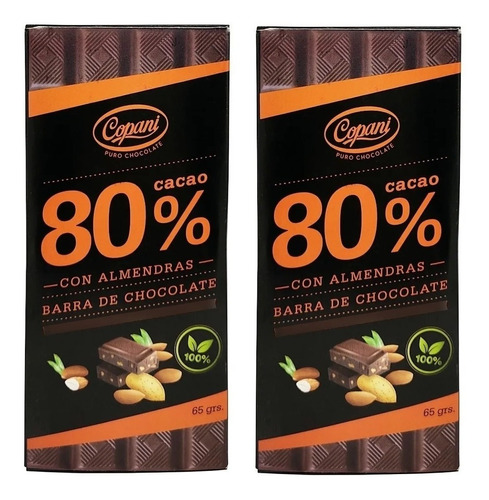 2 X Barra De Chocolate 80% Cacao Con Almendras Copani - Dw