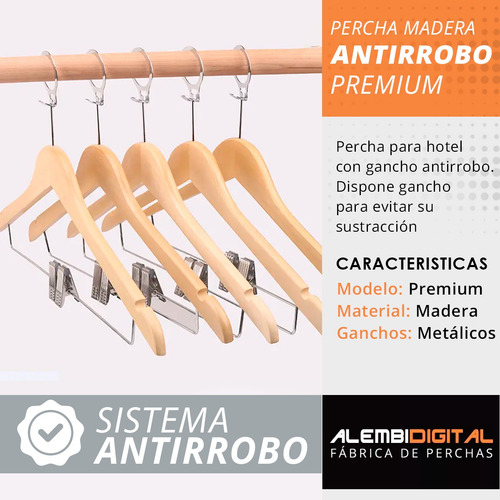 Pack 5 Perchas Antirrobo Lujo Madera Hotel Pantalon Pollera