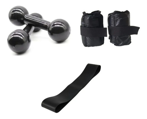 Kit Combo Par Halter 3 Kg + Caneleira 4 Kg + Elástico Treino Cor Preto