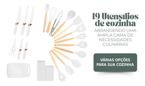 Conjunto Utensílios De Cozinha Silicone Com Tábua 19 Peças Off White