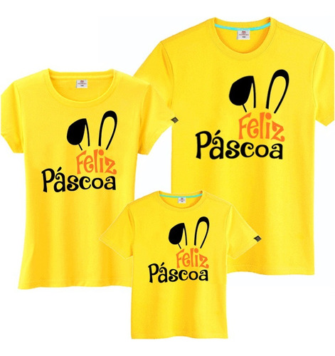 Kit 03 Camiseta Amarela Coelho Pascoa Familia Pai Mae Filho