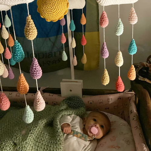 Movil Cuna Tejido Crochet Nube Con Gotitas Y Sol