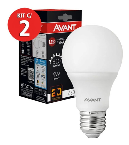 Kit 2 Lâmpada De Led 9w Pera Branca Bivolt Avant