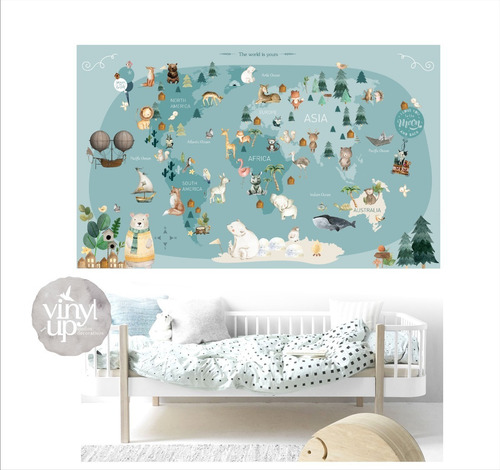 Vinilo Mural Mapamundi Infantil Minimal Nordic Escandinavo