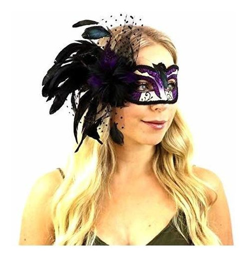 Couples Purple Masquerade Ball Mask Pair Feather Mardi Gras 