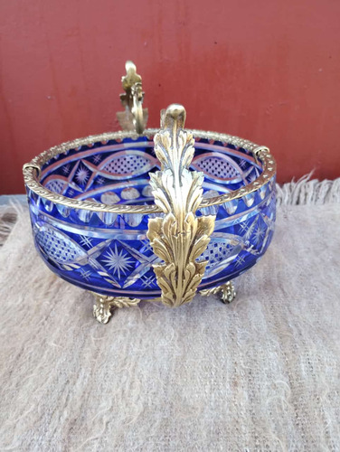 Antiguo Centro De Mesa Cristal Checoslovaco Y Bronce. (Usado)