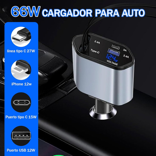 4 En 1 cargador retráctil de coche de carga rápida de 120w cargador carga rapida gris oscuro cables 80cm Vone usb-c color negro