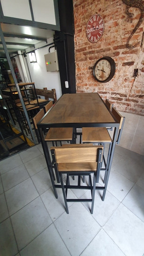 Imagen 4 de 5 de Mesa Barra 120x60 + 6 Taburetes Con Respaldo Hierro Y Madera