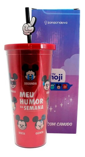 Copo Canudo Com Pingente Mickey Minnie Emoji Humor Da Semana Cor Vermelho