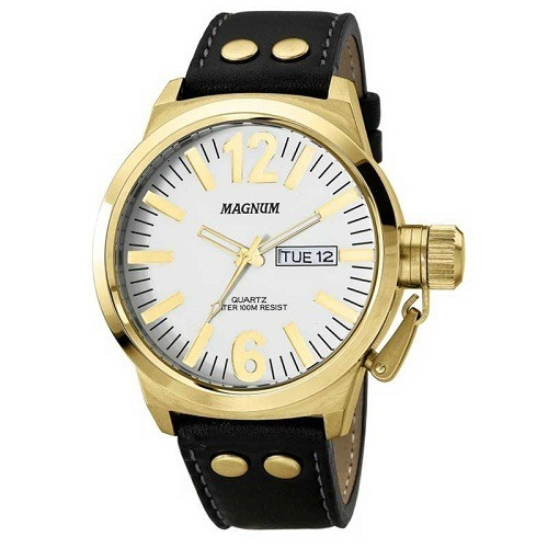 Relógio Magnum Masculino Couro Preto Original Com Calendário
