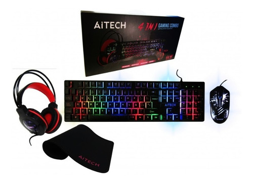 Kit Gamer Teclado Mouse Auricular Pad 4 En 1 Aitech Gg01 Color del teclado Negro