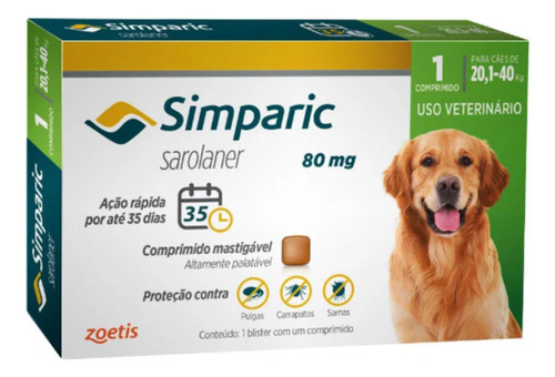 Simparic Antipulgas 80mg 20 A 40kg Cães 1 Comprimido