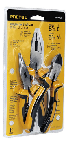 Kit 3 Pinzas Pretul Comfort Grip Electricista Punta Y Corte 