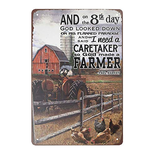 Cartel De Hojalata Tractor And Chickens On The Farm, De...