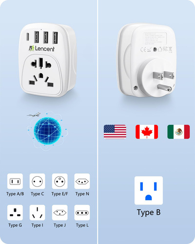 Adaptador De Enchufe Lencent World To Us Con 3 Usb Y 1 Pd Ty