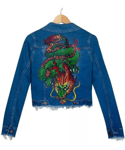 Campera Jean Azul Elastizado Dragon Chino Oriental Pintada