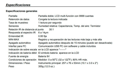 Psicometro Gpp G/kg Termómetro Laser Extech Hd550 Sicometro