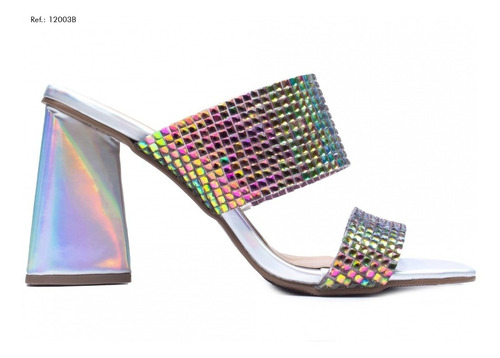 Imagem 4 de 4 de Tamanco Salto Grosso Triangular Cor Metalizado Prata Fashion
