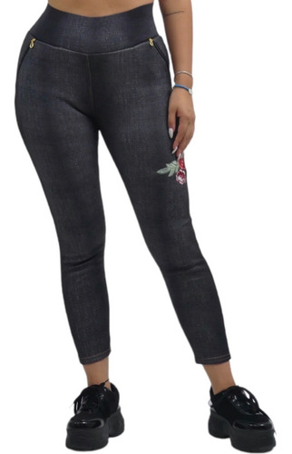 Pantalon Calza Mujer Con Polar Modelo Flores - Adcesorios