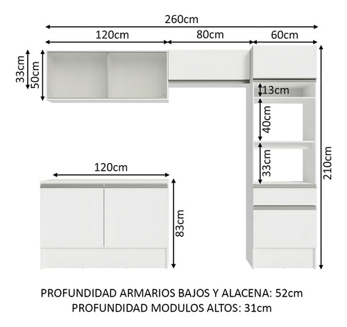 Cocina Integral Completa Modular Madesa Topazio 260cm 01 Blanco