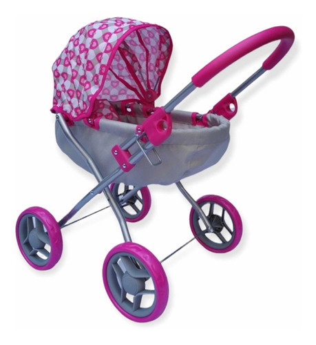 Coche Para Muñecas Bebé Numi Plegable Rosa Con Gris