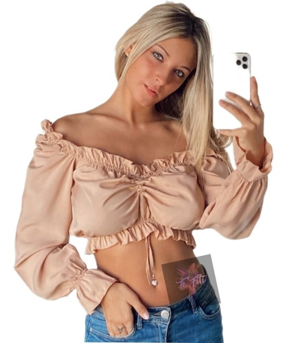 Top Mujer Paisana Manga Larga Crop Frunce Tendencia