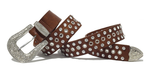 Imagem 2 de 3 de Cinto Country Western Feminino Marrom Fivela Prateada Strass