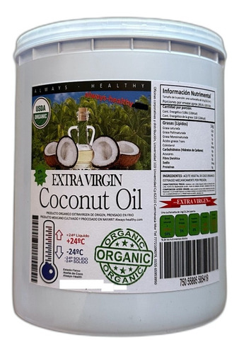 Aceite Coco Orgánico Exvirgen Prensado/ Frío Sin Sabor  1 Lt